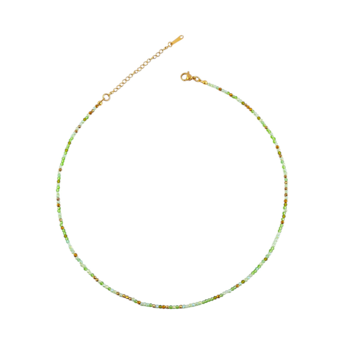 Colar Íris, gargantilha com contas de cristal facetado em tons de verde-musgo e acabamentos dourados