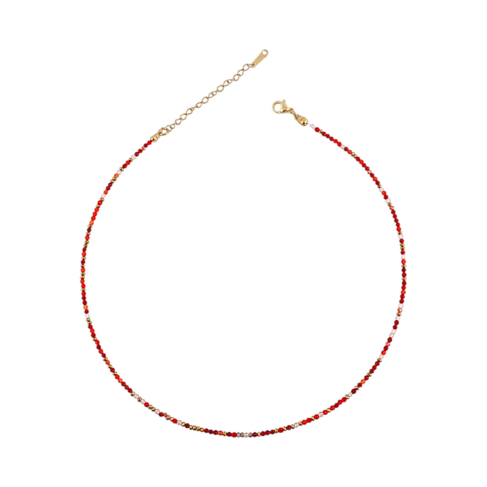 Colar Íris, gargantilha com contas de cristal facetado em tons de vermelho e acabamentos dourados