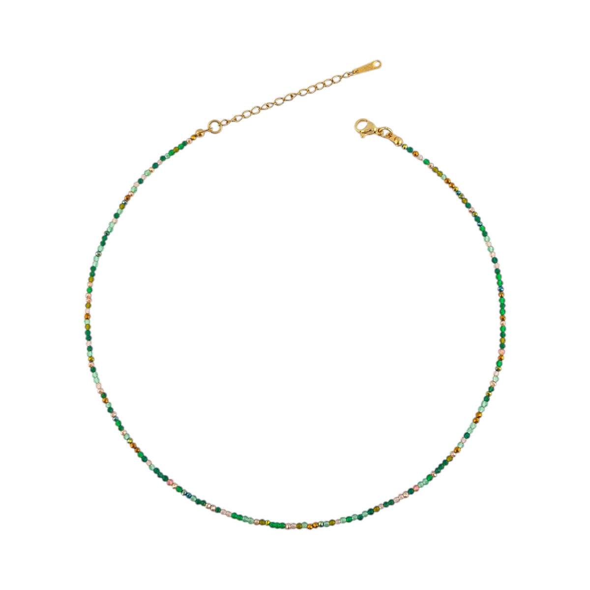Colar Íris, gargantilha com contas de cristal facetado em tons de verde e acabamentos dourados