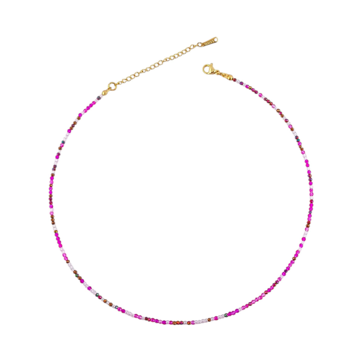Colar Íris, gargantilha com contas de cristal facetado em tons de rosa e acabamentos dourados