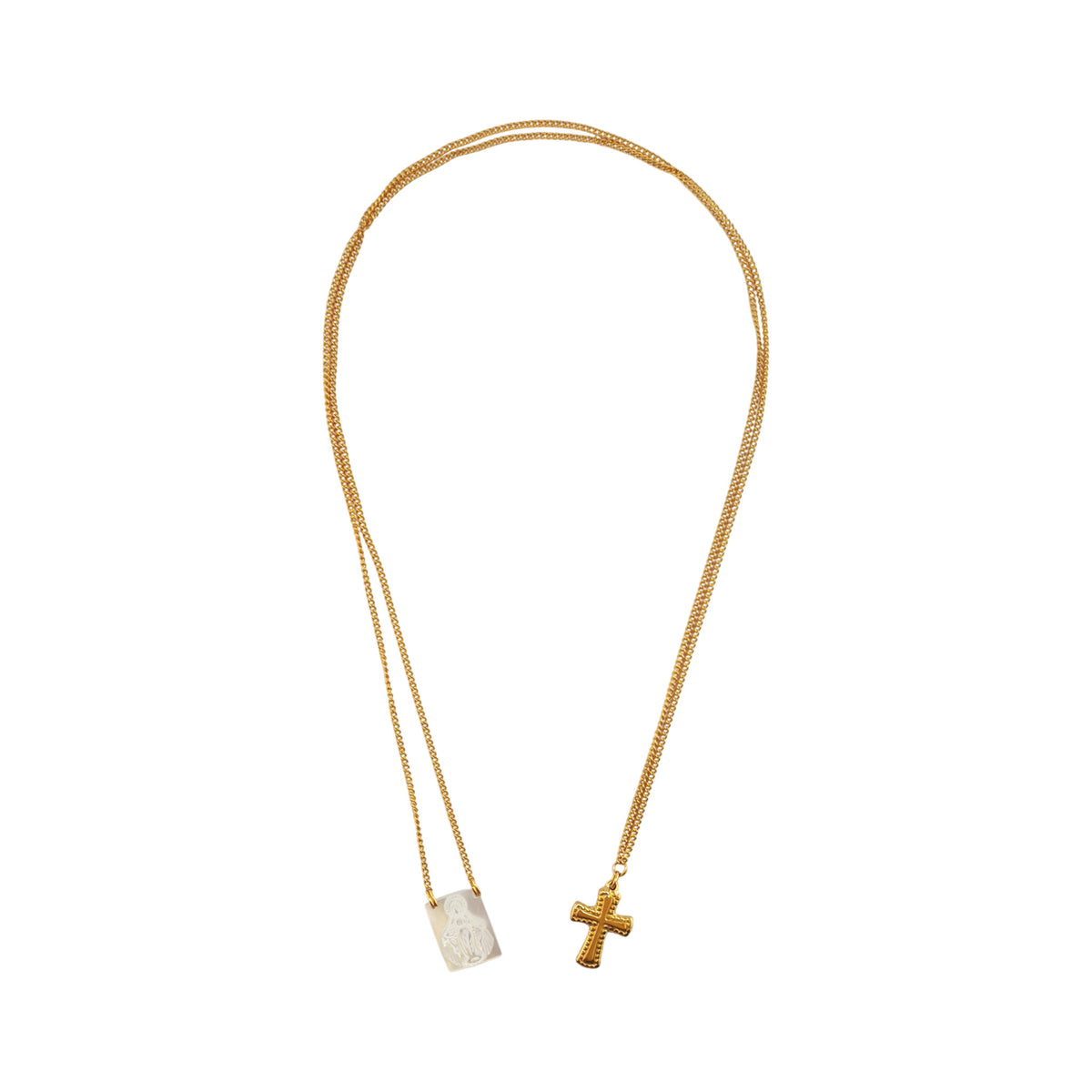 Colar Escapulário Sinal de Fé dourado, com Nossa Senhora das Graças em madre-pérola e cruz em aço, vista de frente, sobre fundo branco.