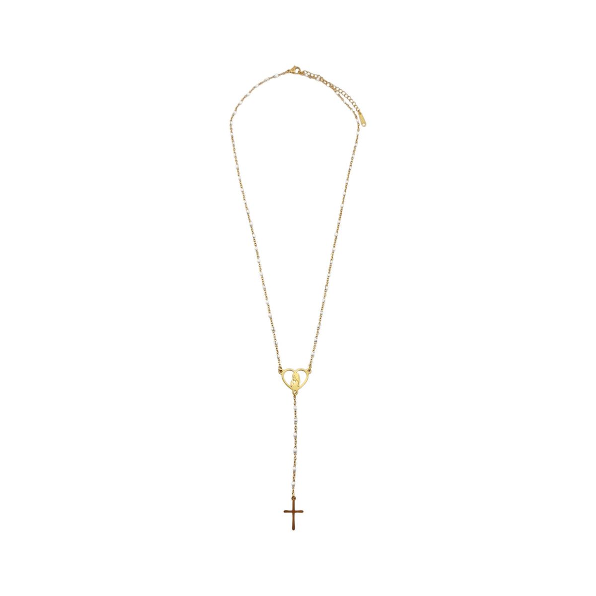 Colar Tipo Terço Alva dourado, com medalha coração, vista de frente, sobre fundo branco.