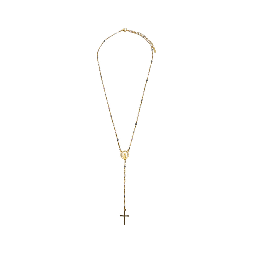 Colar Tipo Terço Aurora de Fé dourado, com contas coloridas, vista de frente, sobre fundo branco.