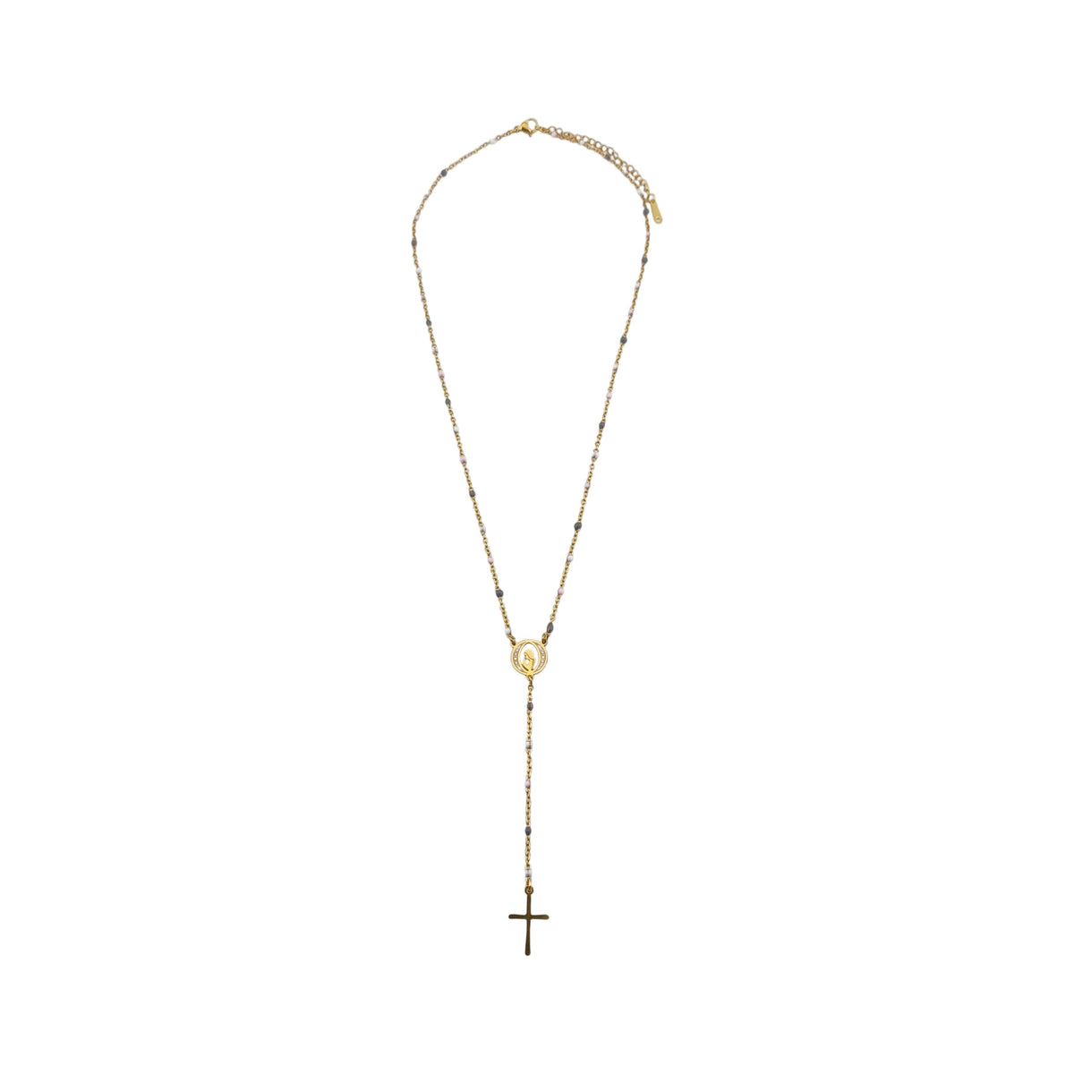 Colar Tipo Terço Aurora de Fé dourado, com contas coloridas, vista de frente, sobre fundo branco.