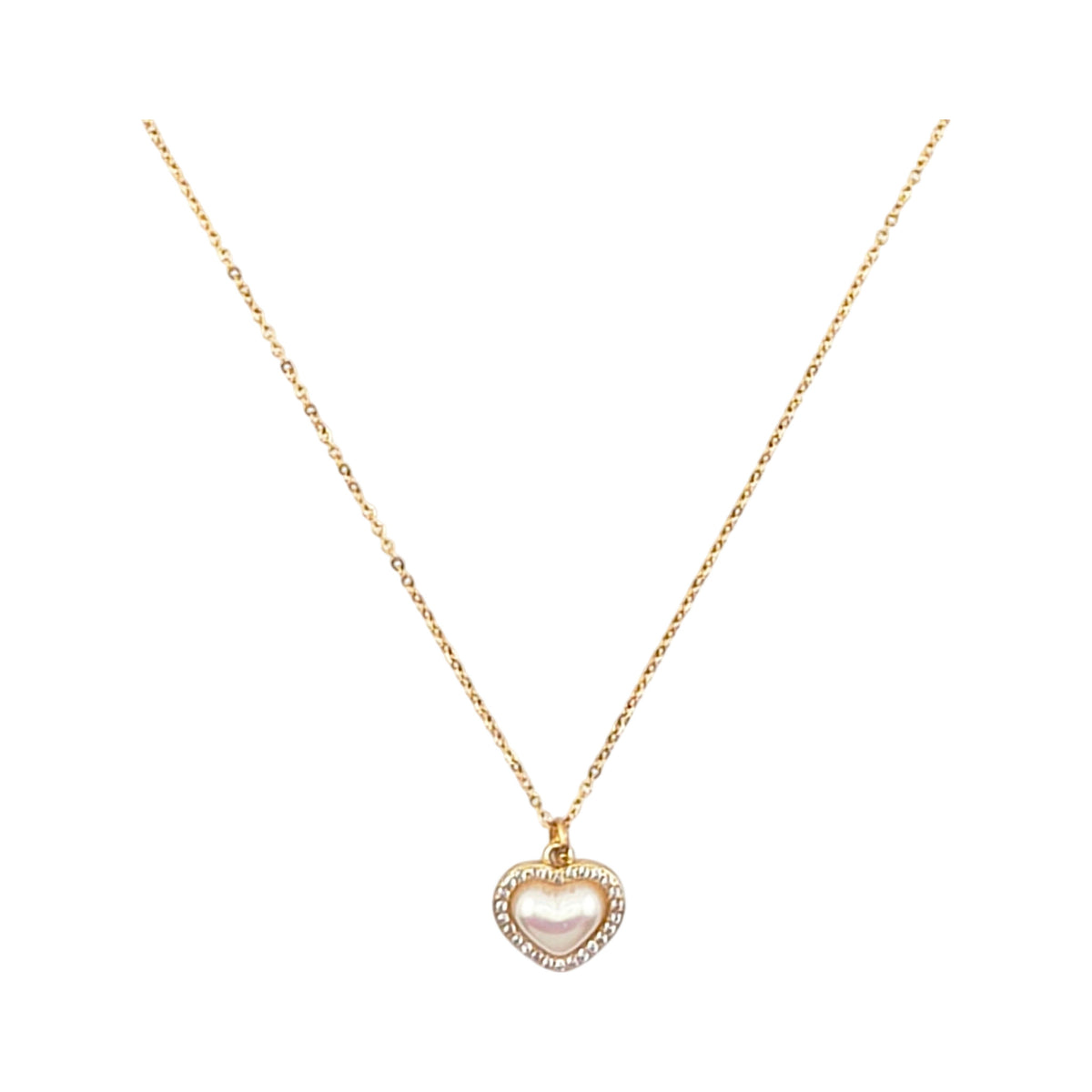 Fio Coração Iluminante dourado, com pendente coração com pérola e zircónias, vista de frente, sobre fundo branco.
