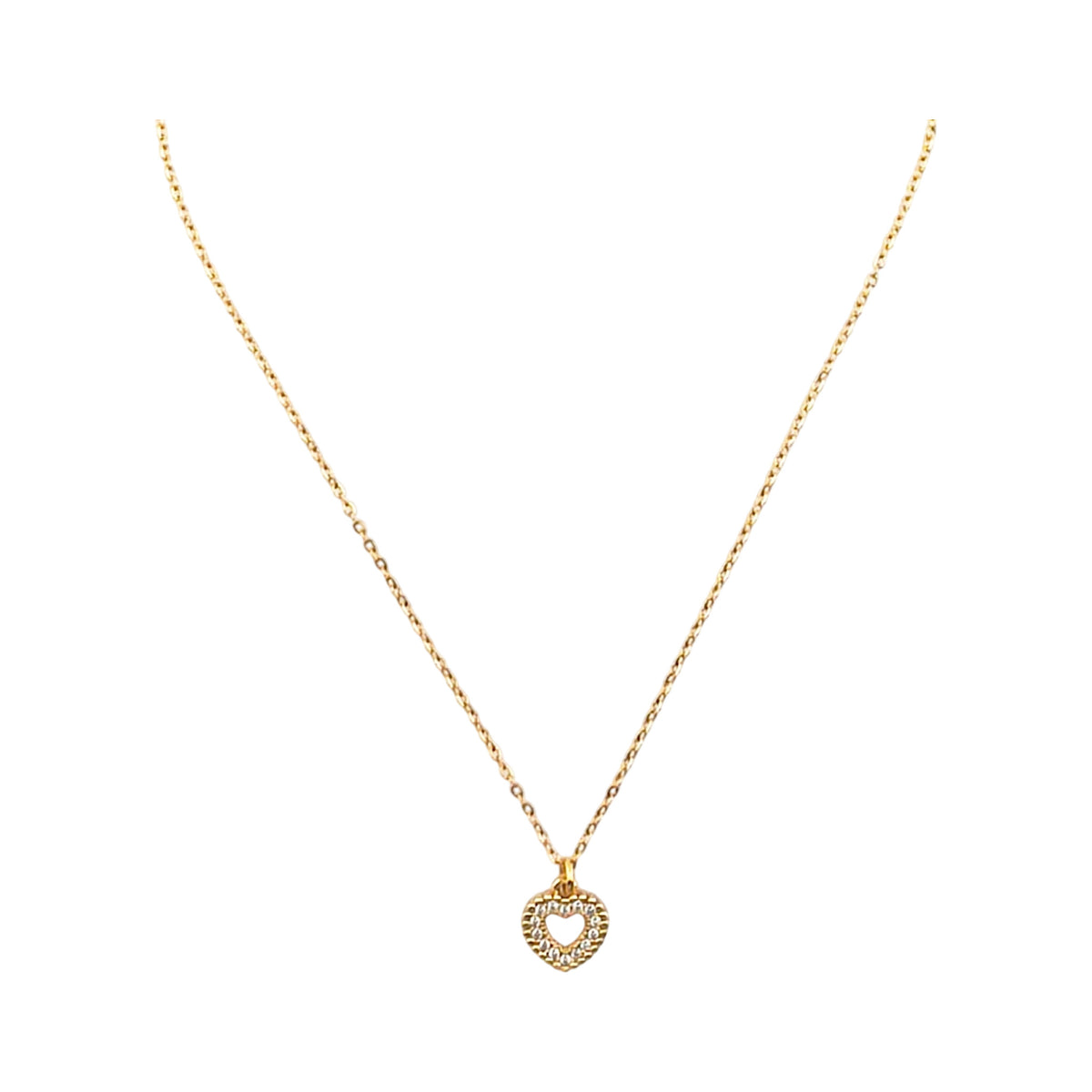Fio Harmonia do Amor dourado, com pendente coração e zircónias, vista de frente, sobre fundo branco.