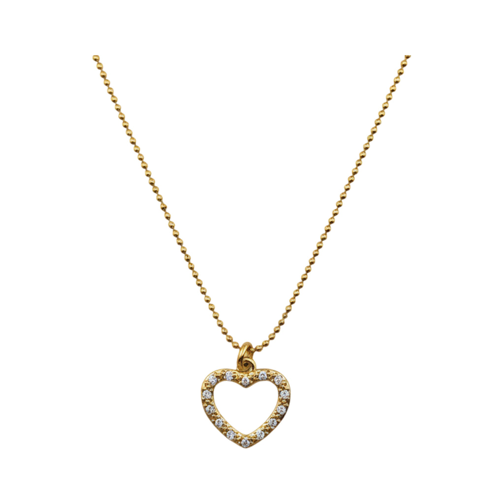 Fio Eco do Amor dourado, com pendente coração e zircónias, vista de frente, sobre fundo branco.