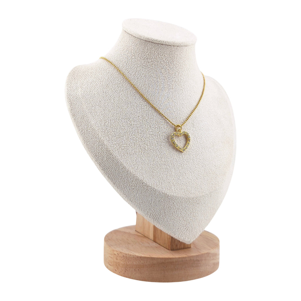 Fio Eco do Amor dourado, com pendente coração e zircónias, apresentado em expositor.