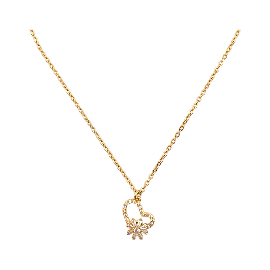 Fio Sopro de Amor dourado, com pendente coração e flor móvel cravejada de zircónias, vista de frente, sobre fundo branco.