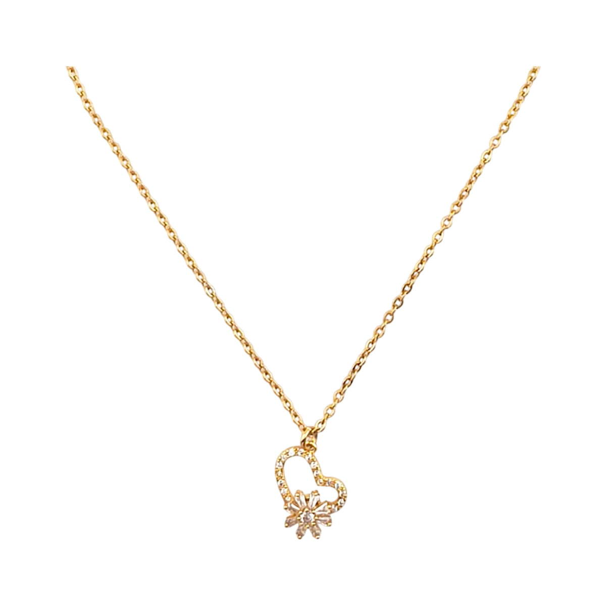 Fio Sopro de Amor dourado, com pendente coração e flor móvel cravejada de zircónias, vista de frente, sobre fundo branco.