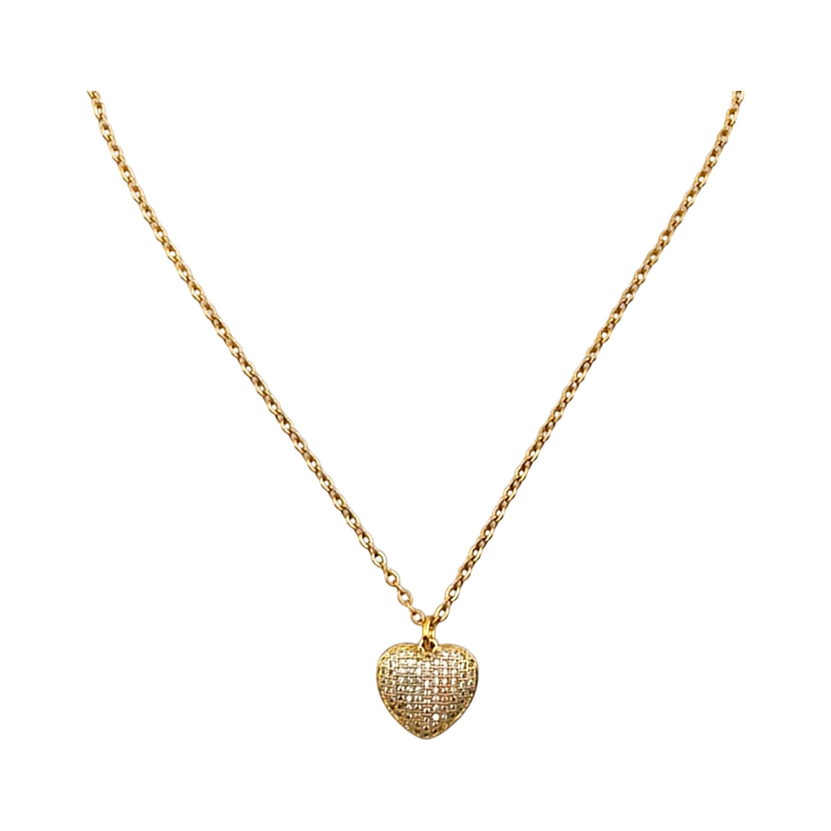 Fio Doce Coração dourado, com pendente coração e zircónias, vista de frente, sobre fundo branco.