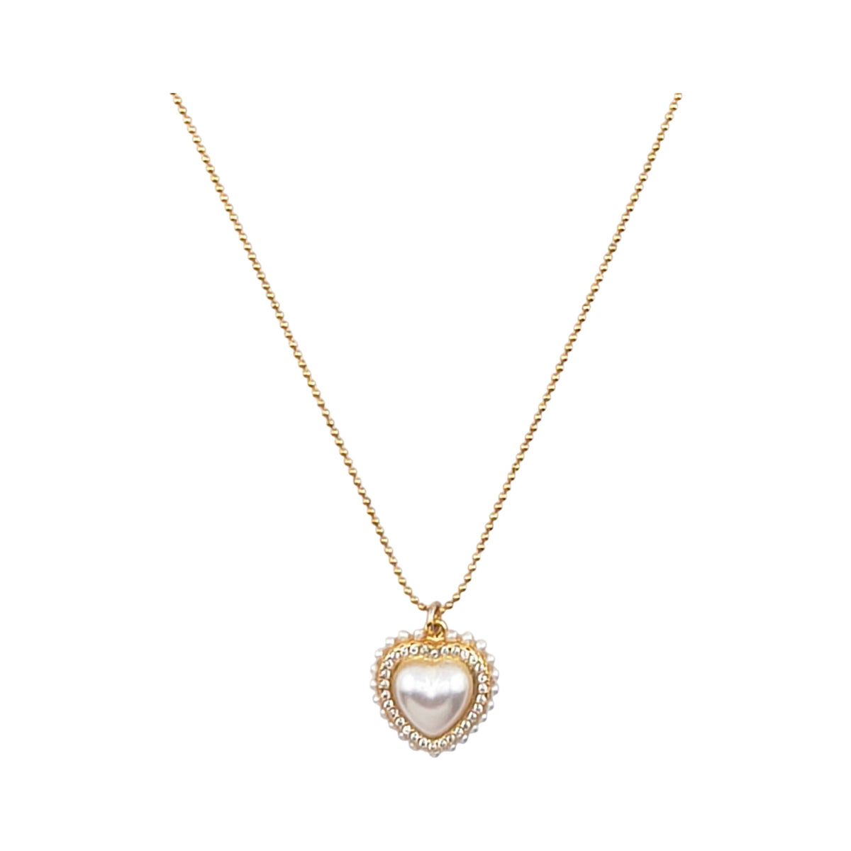 Fio Coração Celestial dourado, com pendente coração, pérolas e zircónias, vista de frente, sobre fundo branco.