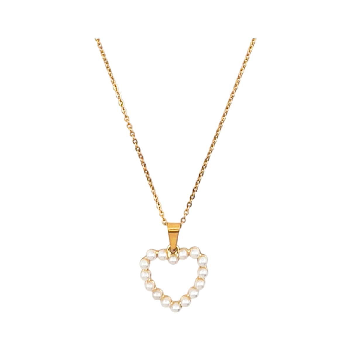 Fio Amor Sereno dourado, com pendente coração e pérolas artificiais, vista de frente, sobre fundo branco.