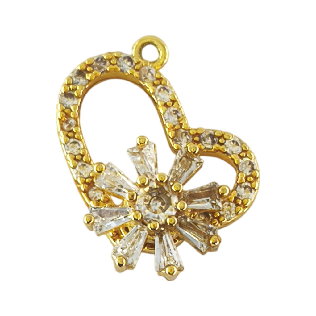 Pendente Sopro de Amor dourado em forma de coração vazado, cravejado de zircónias e com flor 3D giratória.