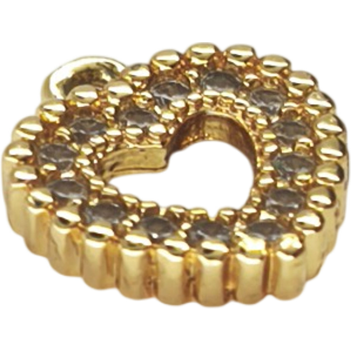 Detalhe do Pendente Harmonia do Amor dourado, com coração vazado e duplo rebordo cravejado com zircónias.