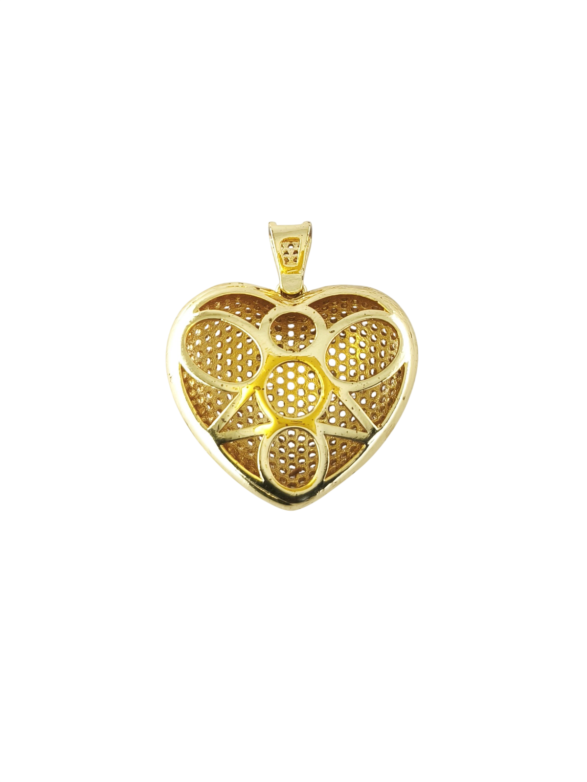 Verso do Pendente Segredo do Coração dourado, com estrutura vazada decorativa.