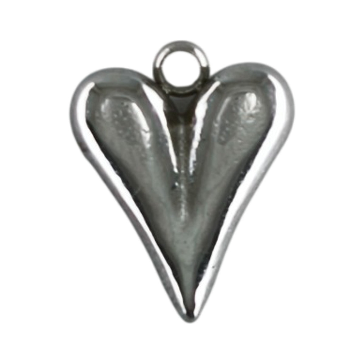 Pendente Essência do Amor prateado em aço inoxidável, em forma de coração, sobre fundo branco.