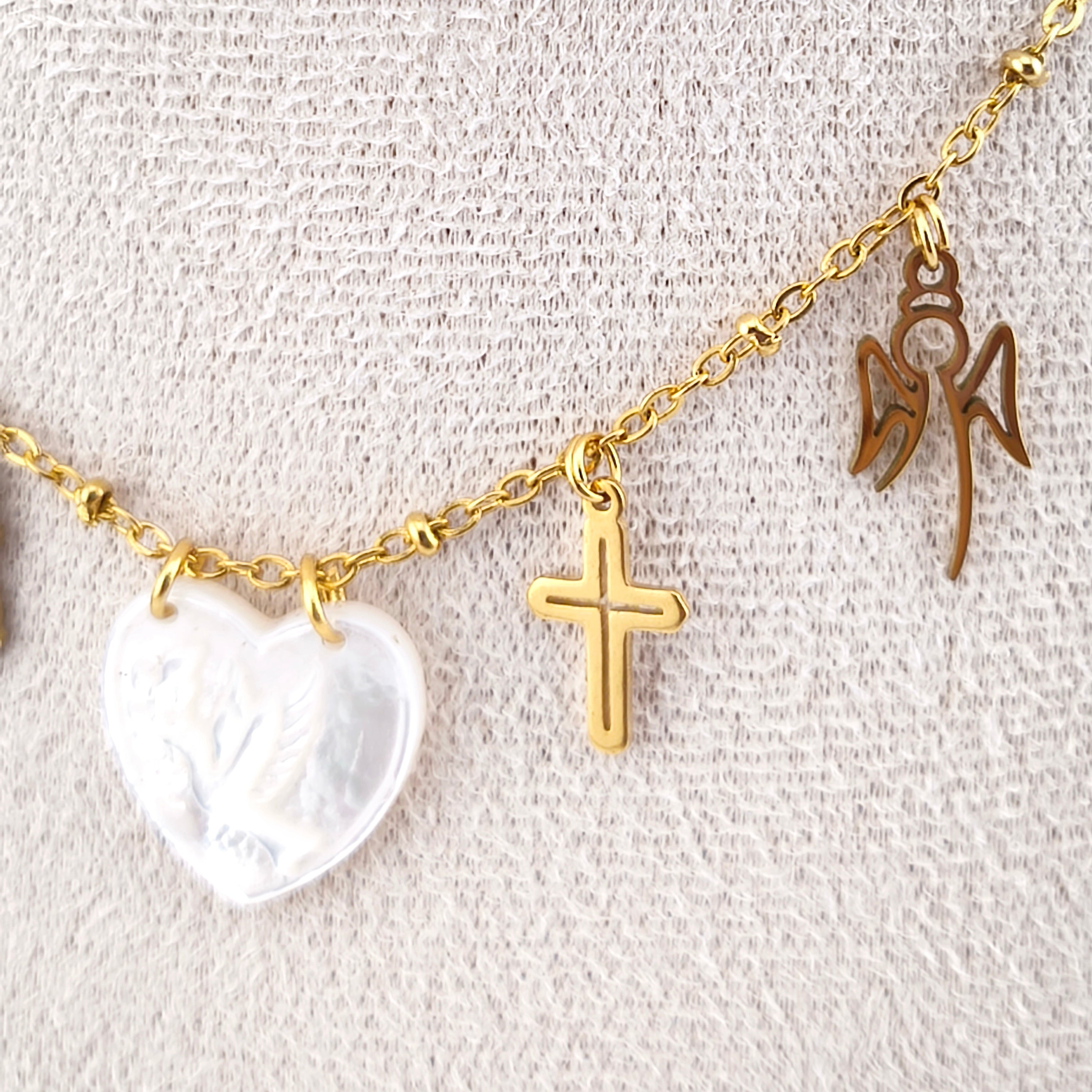 Colar Aço Inoxidável com Símbolos de Fé e Paz | Cruz, Pomba, Anjo e N. Senhora