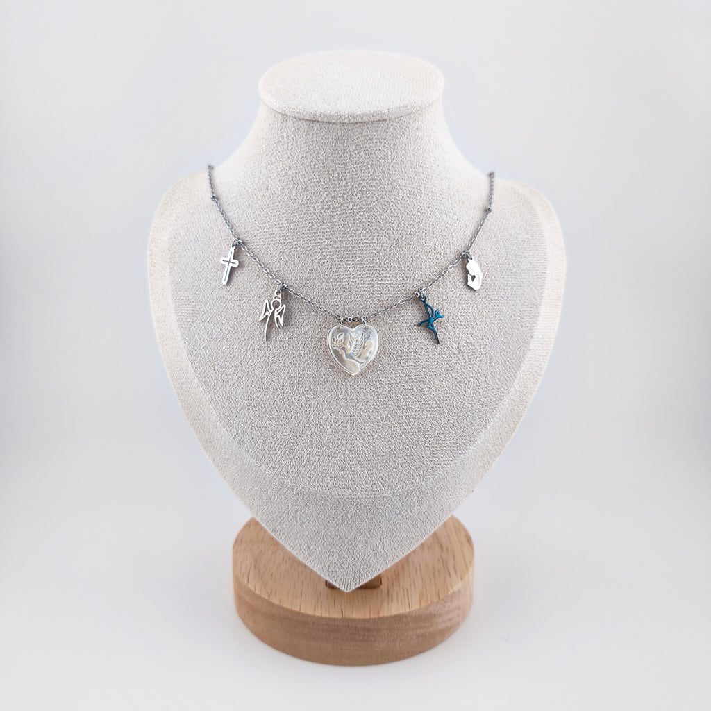Stainless steel necklace with symbols of faith and peace | Cross, dove, angel and Our Lady