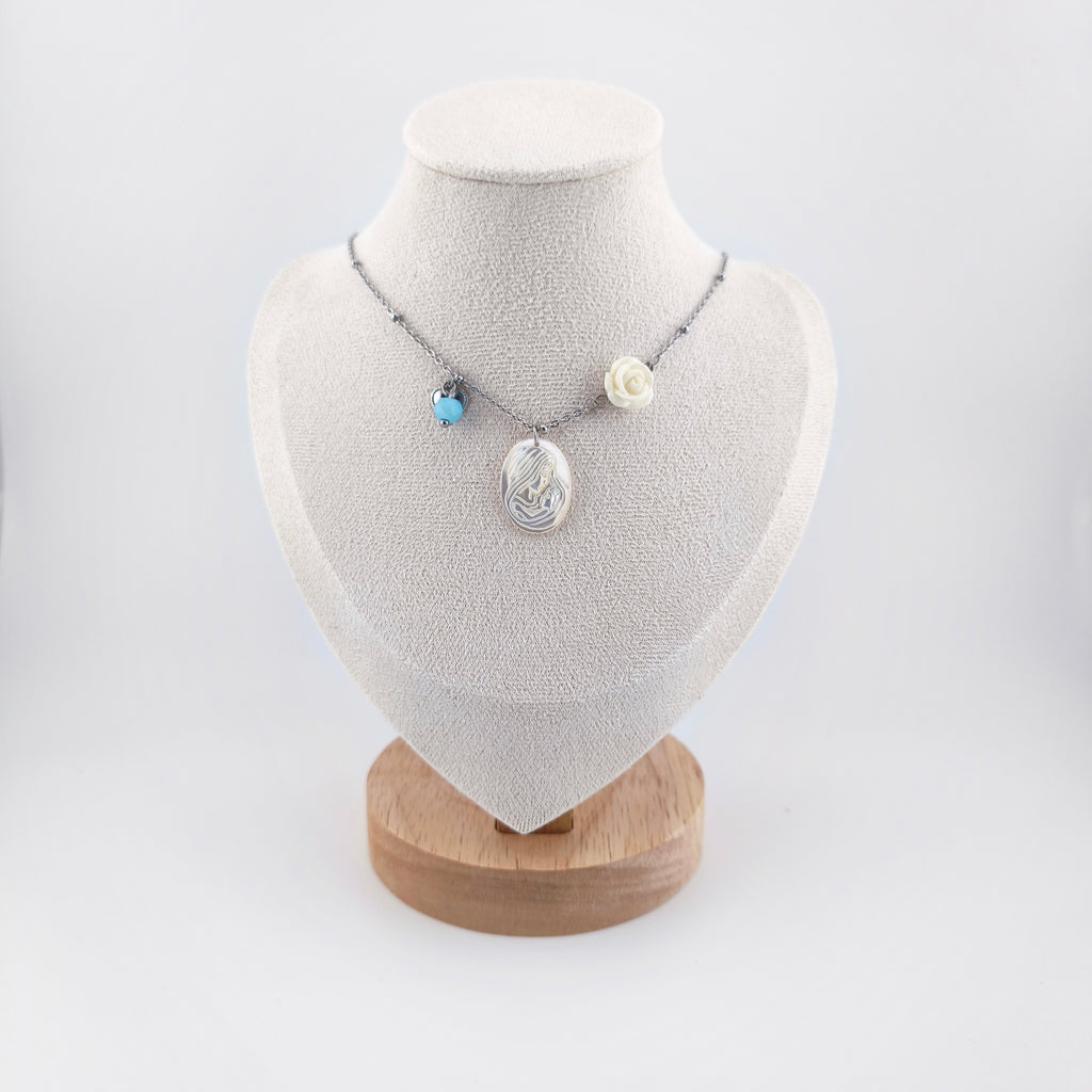 Stainless steel necklace with mother-of-pearl and resin rose pendant | Faith Jewelry