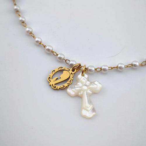 Colar Aço Inoxidável e Pérolas com Pendentes Religiosos | Joia de Fé