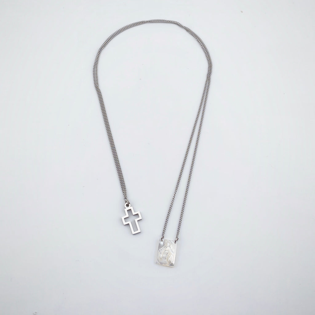 Stainless steel and mother-of-pearl scapular - cross and Our Lady of Grace | Jewel of Faith