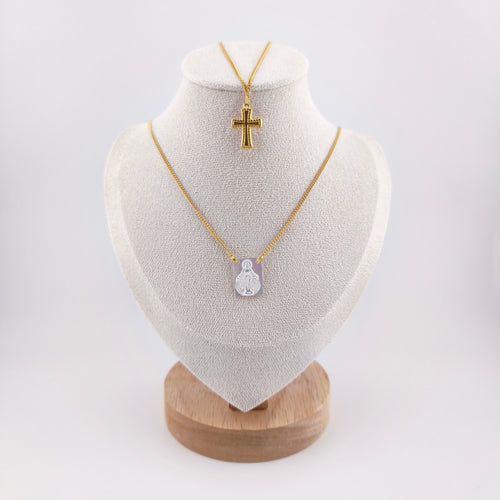 Stainless steel and mother-of-pearl scapular - cross and Our Lady of Grace | Jewel of Faith