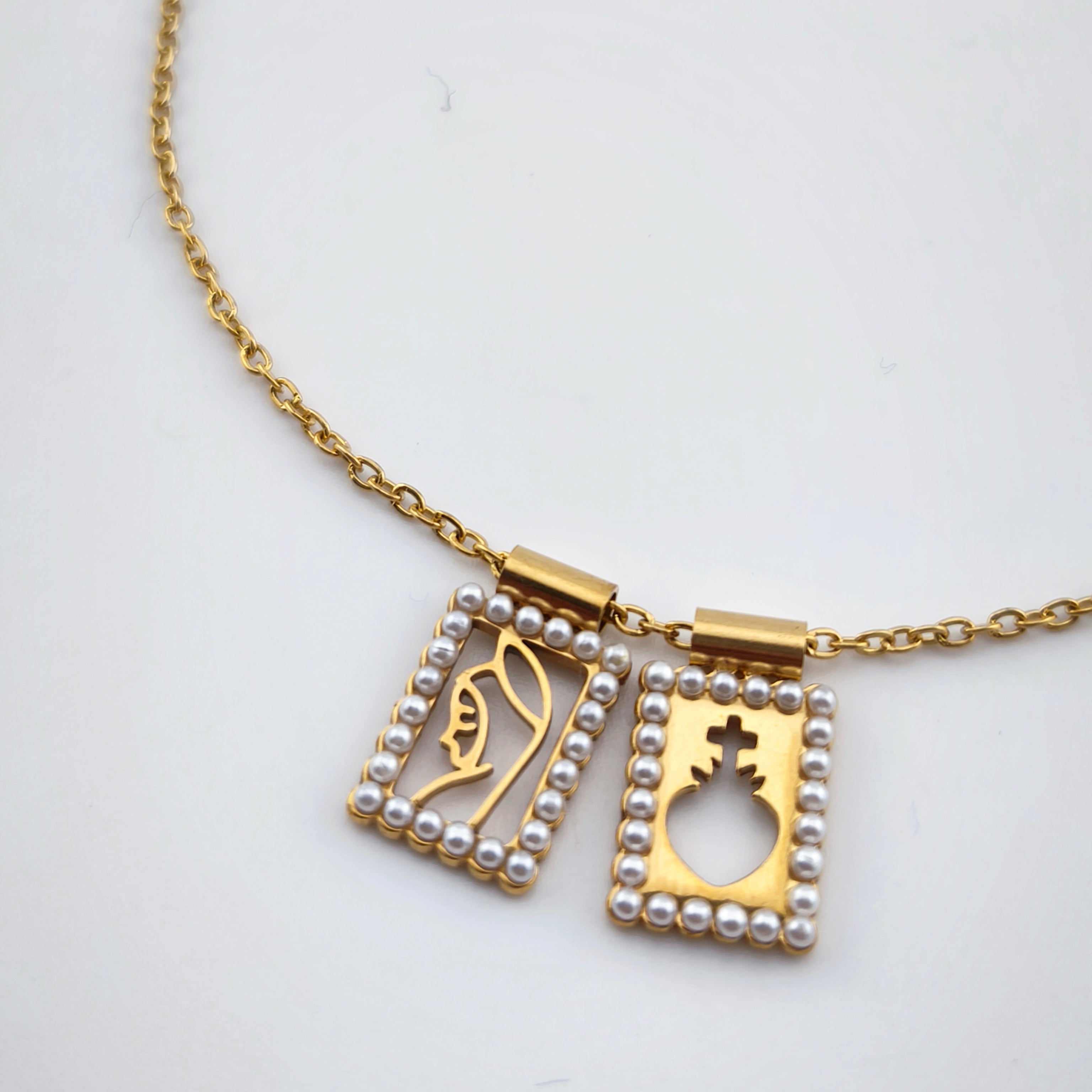 Colar Escapulário em Aço Inoxidável, medalhas vazadas com Sagrado Coração e N. Senhora| Joia de Fé