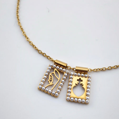 Colar Escapulário em Aço Inoxidável, medalhas vazadas com Sagrado Coração e N. Senhora| Joia de Fé