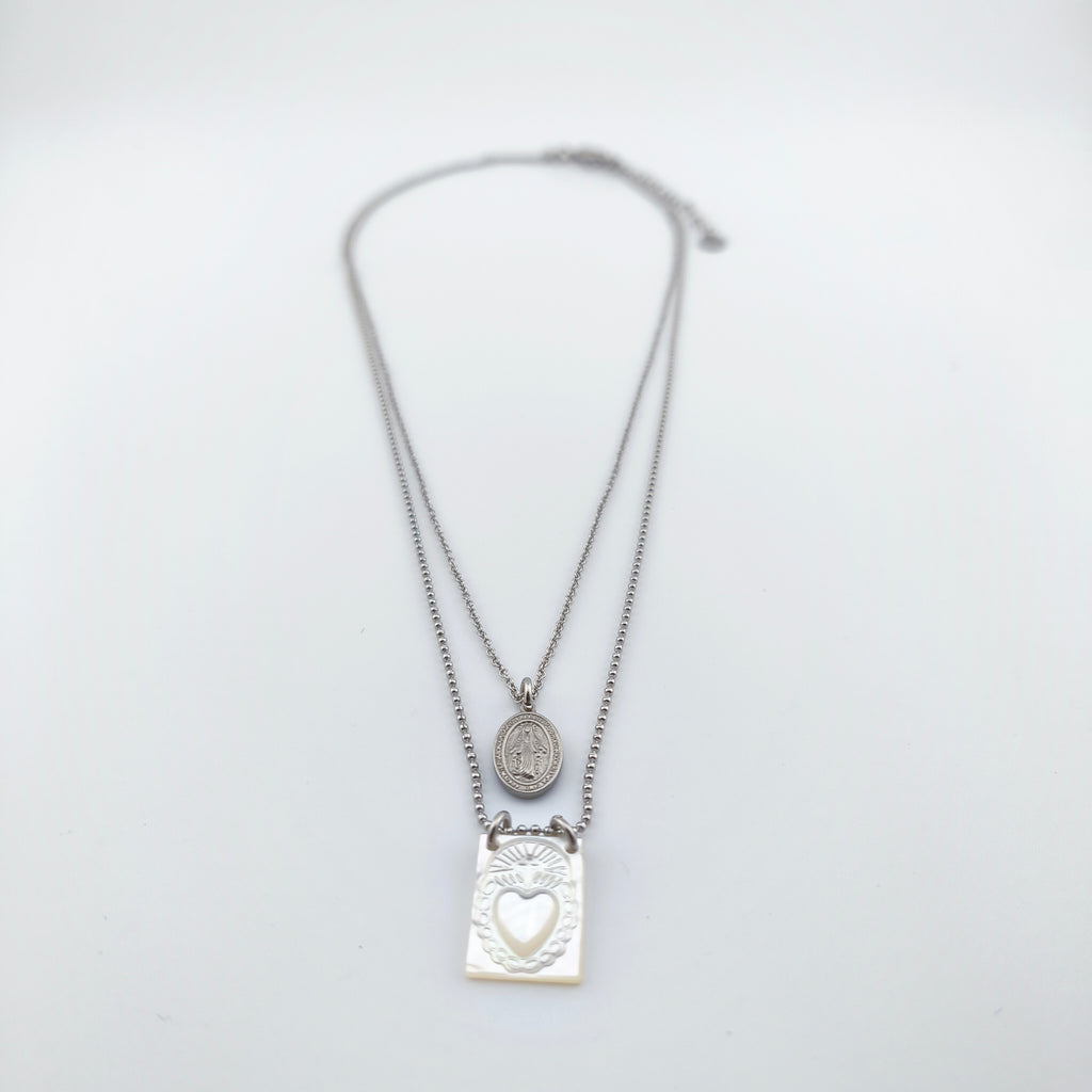 Colar Dupla Camada Aço Inoxidável com Medalha N. Senhora e Sagrado Coração | Joia de Fé