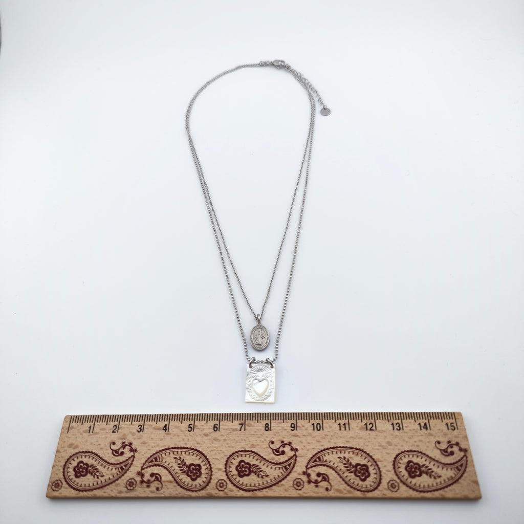 Colar Dupla Camada Aço Inoxidável com Medalha N. Senhora e Sagrado Coração | Joia de Fé