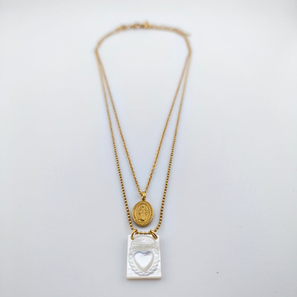 Colar Dupla Camada Aço Inoxidável com Medalha N. Senhora e Sagrado Coração | Joia de Fé