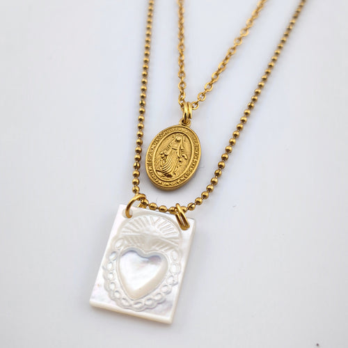 Colar Dupla Camada Aço Inoxidável com Medalha N. Senhora e Sagrado Coração | Joia de Fé