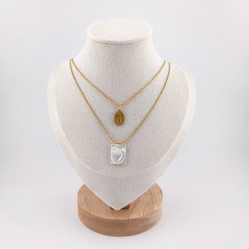 Colar Dupla Camada Aço Inoxidável com Medalha N. Senhora e Sagrado Coração | Joia de Fé