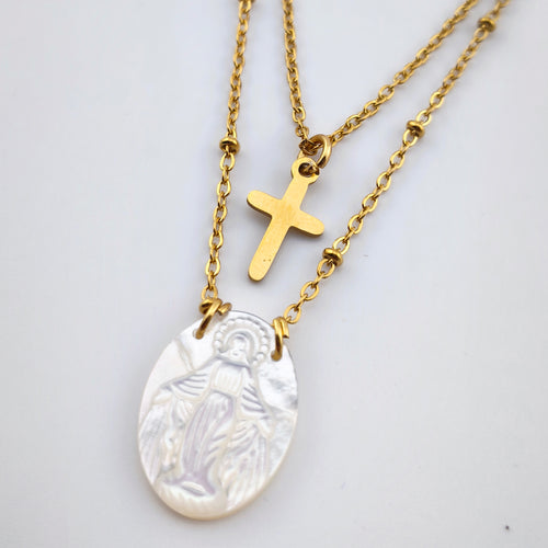 Colar Dupla Camada Aço Inoxidável com Cruz e Medalha N. Senhora das Graças | Joia de Fé