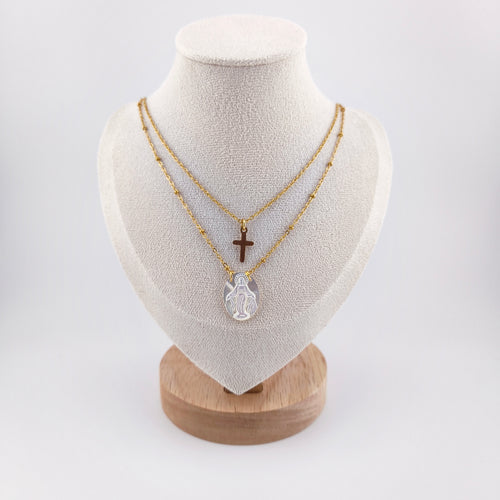 Colar Dupla Camada Aço Inoxidável com Cruz e Medalha N. Senhora das Graças | Joia de Fé