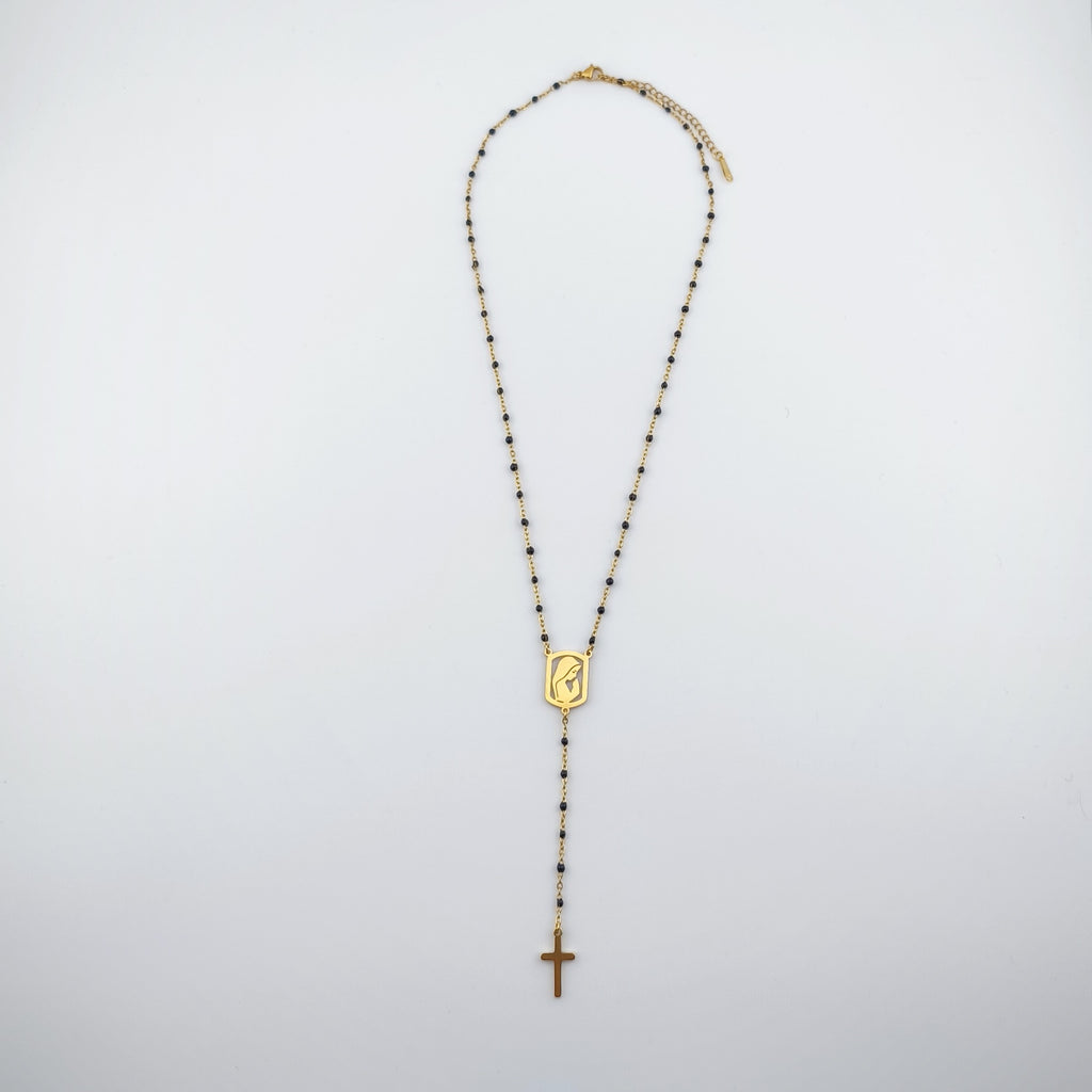 Colar Terço Nossa Senhora e Cruz - Aço Inoxidável Preto e Dourado | Joia de Fé