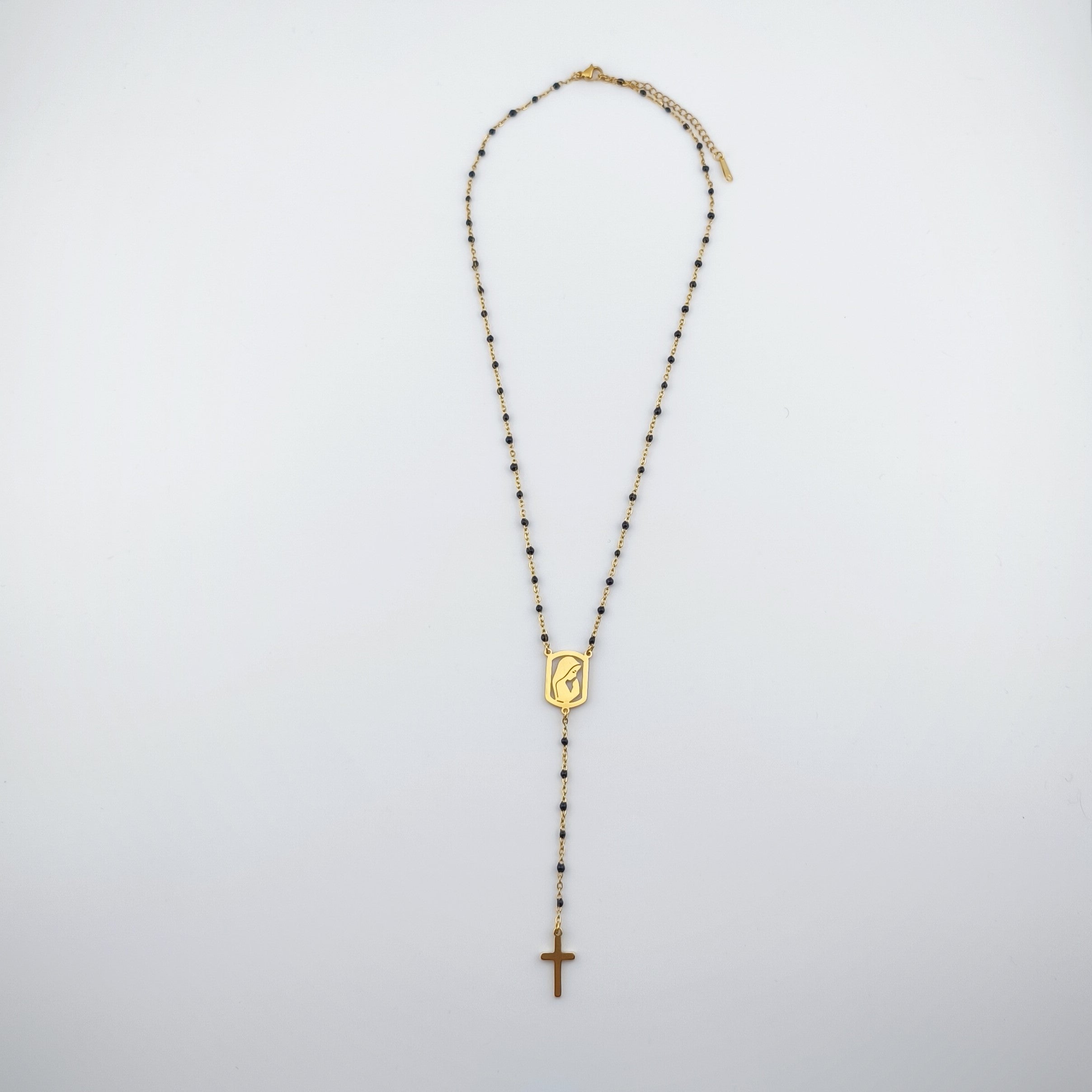 Colar Terço Nossa Senhora e Cruz - Aço Inoxidável Preto e Dourado | Joia de Fé