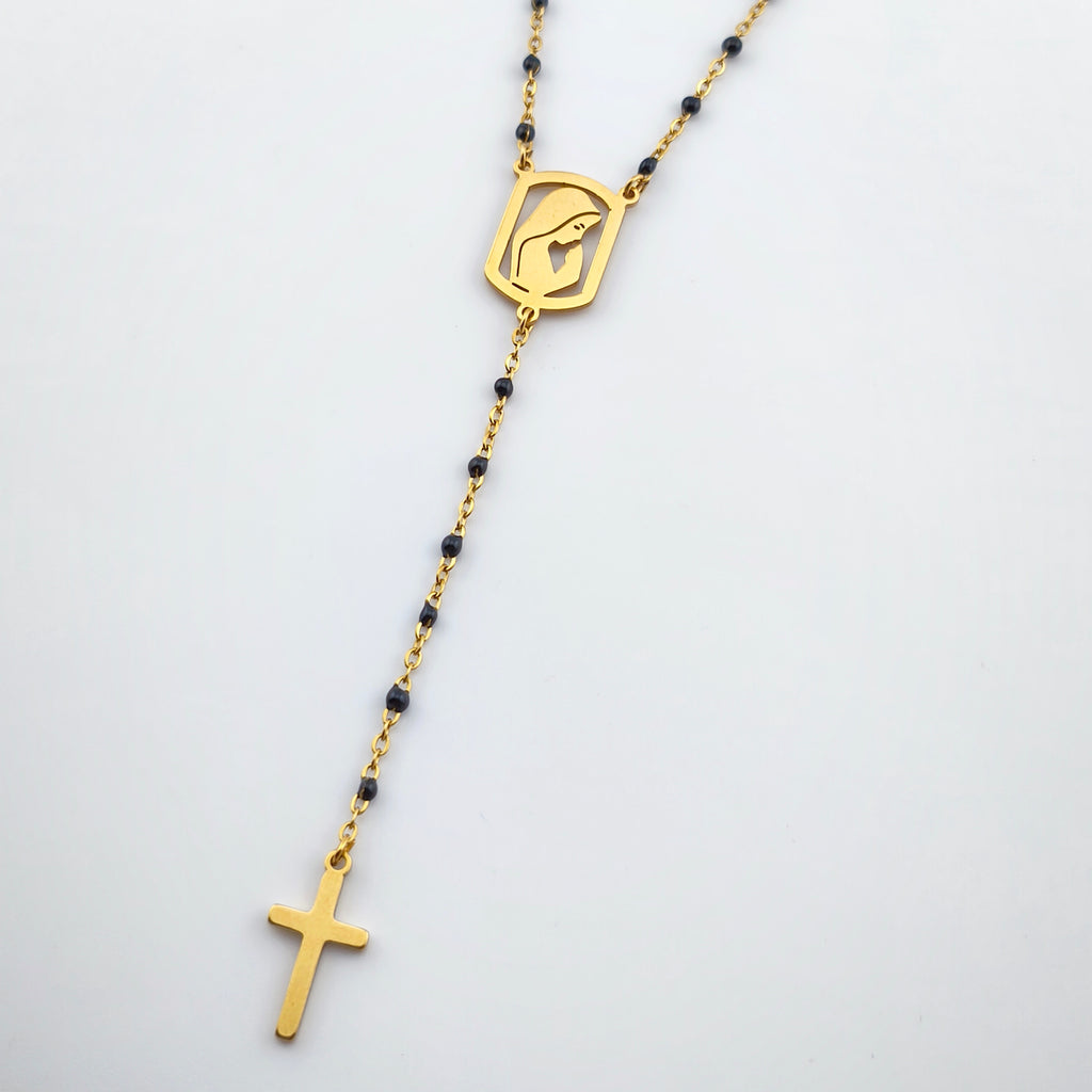 Colar Terço Nossa Senhora e Cruz - Aço Inoxidável Preto e Dourado | Joia de Fé