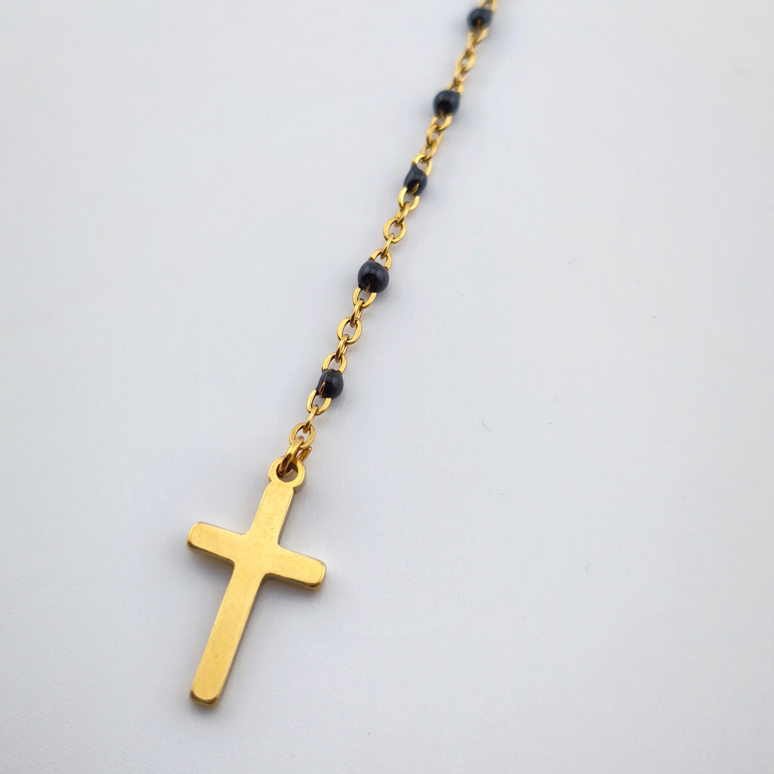 Colar Terço Nossa Senhora e Cruz - Aço Inoxidável Preto e Dourado | Joia de Fé