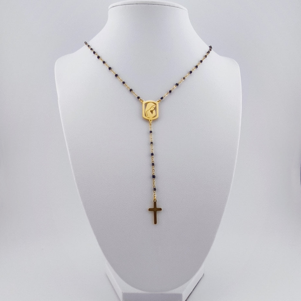 Colar Terço Nossa Senhora e Cruz - Aço Inoxidável Preto e Dourado | Joia de Fé