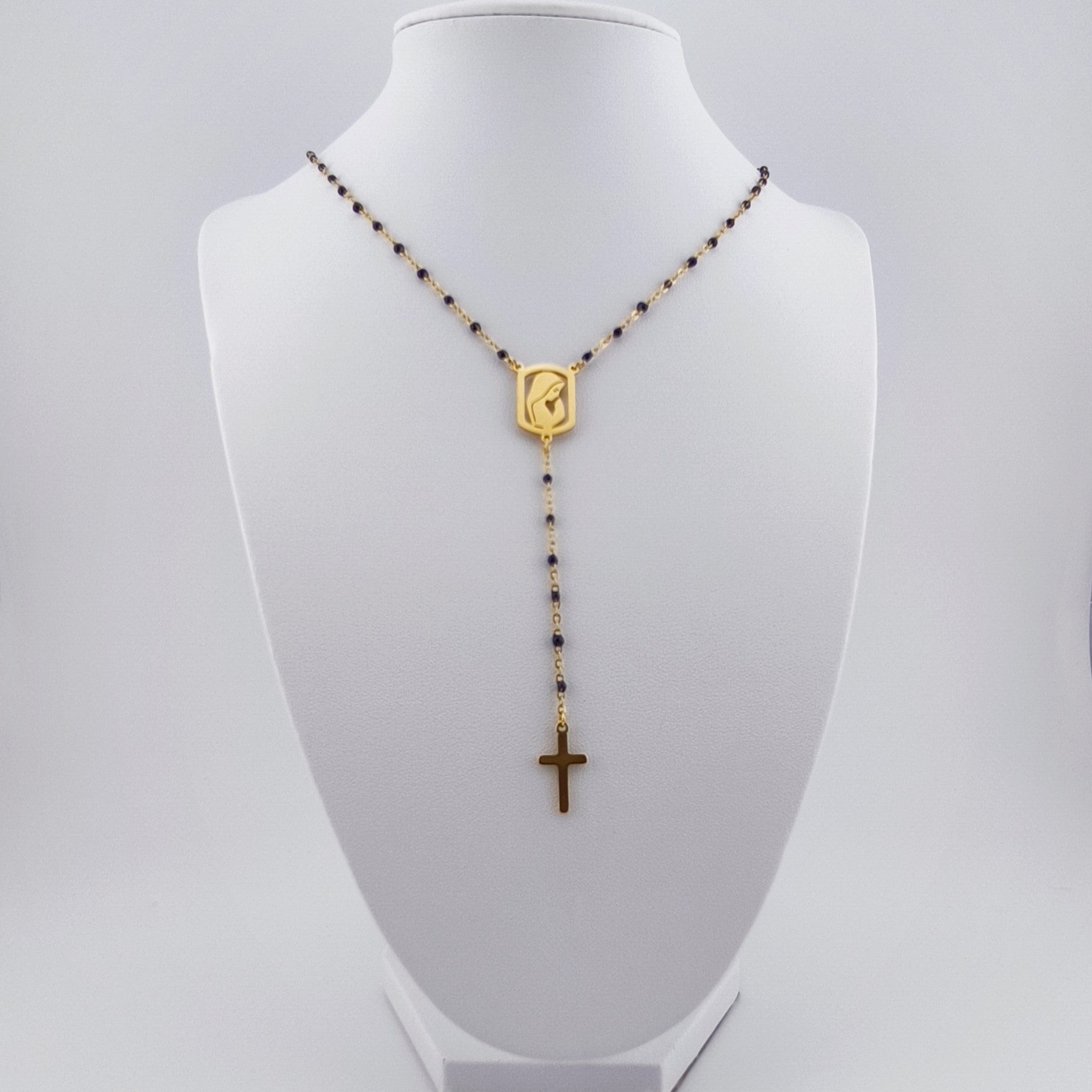 Colar Terço Nossa Senhora e Cruz - Aço Inoxidável Preto e Dourado | Joia de Fé