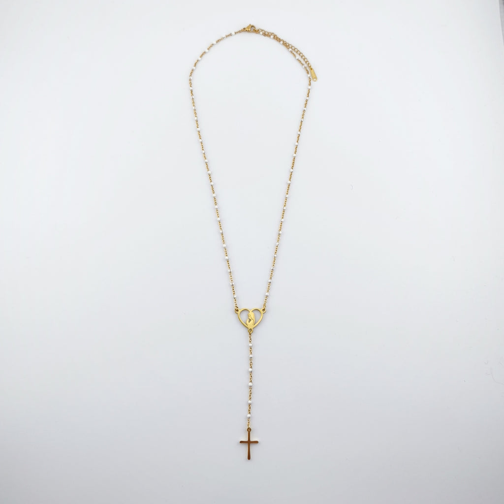 Colar Terço Coração N. Senhora e Cruz - Aço Inoxidável Dourado | Joia de Fé