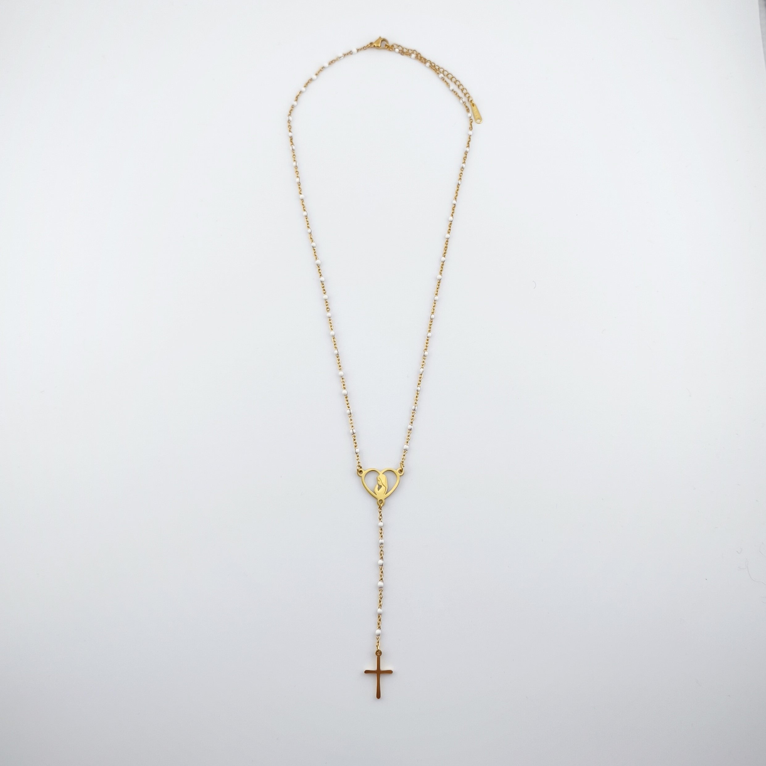 Colar Terço Coração N. Senhora e Cruz - Aço Inoxidável Dourado | Joia de Fé
