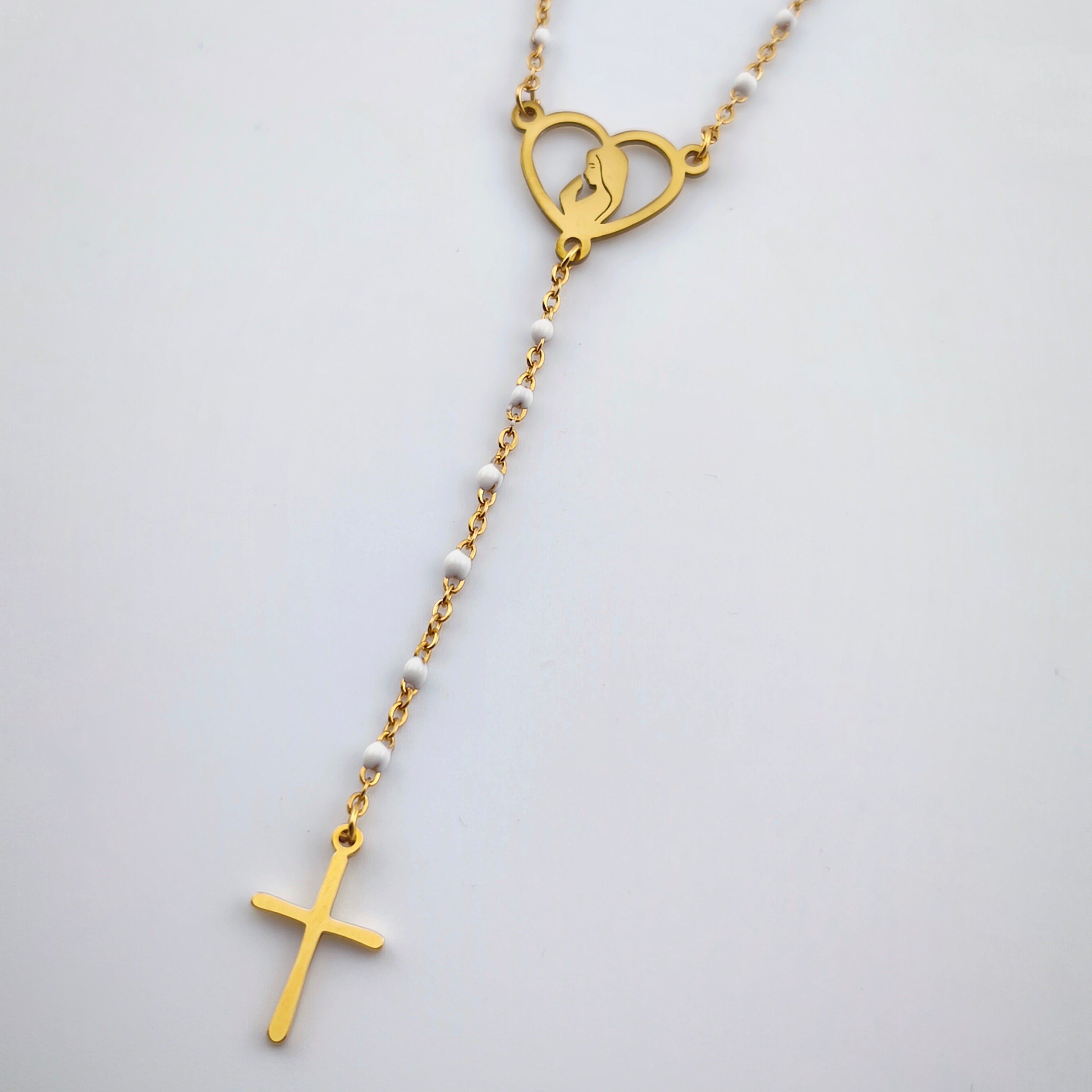 Colar Terço Coração N. Senhora e Cruz - Aço Inoxidável Dourado | Joia de Fé