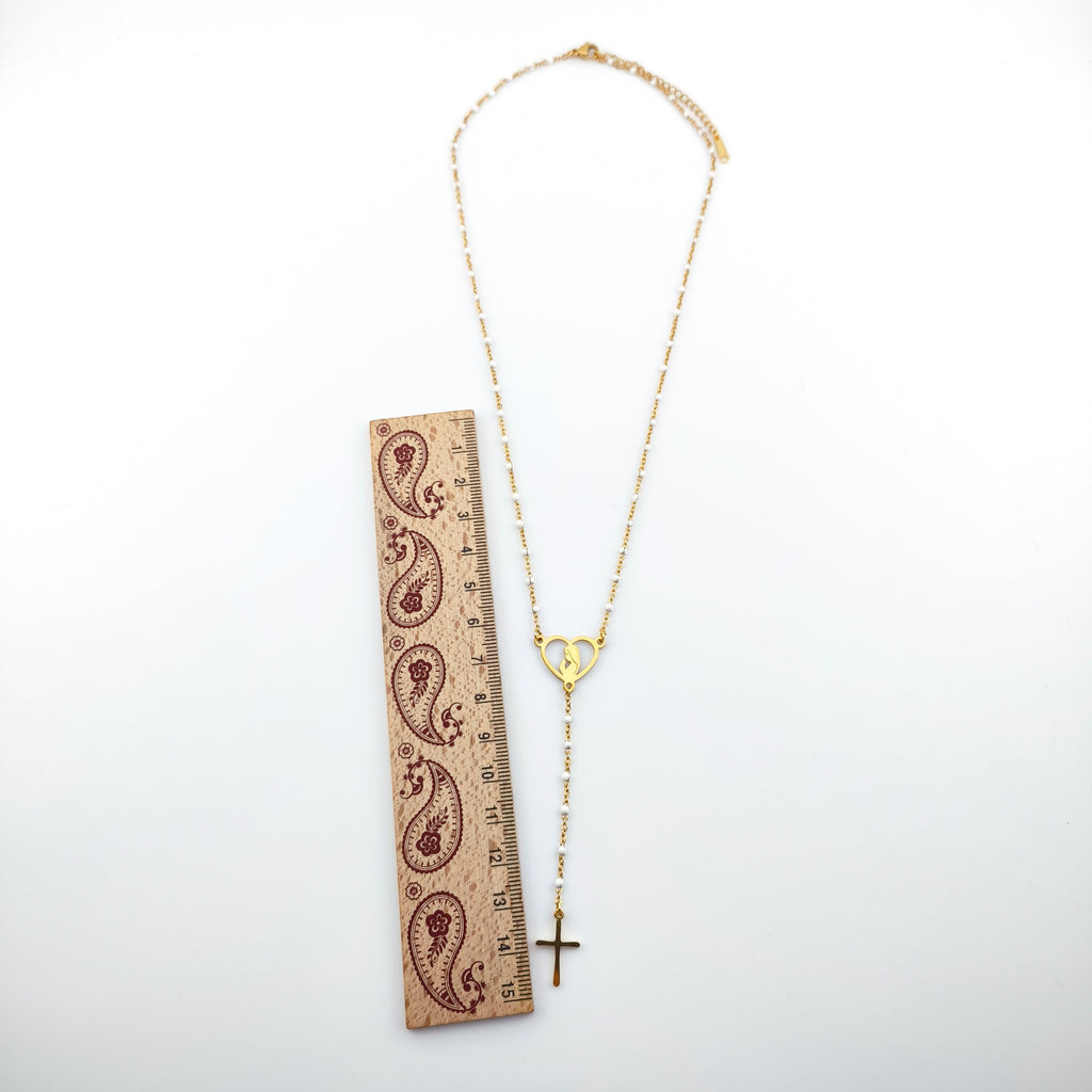 Colar Terço Coração N. Senhora e Cruz - Aço Inoxidável Dourado | Joia de Fé