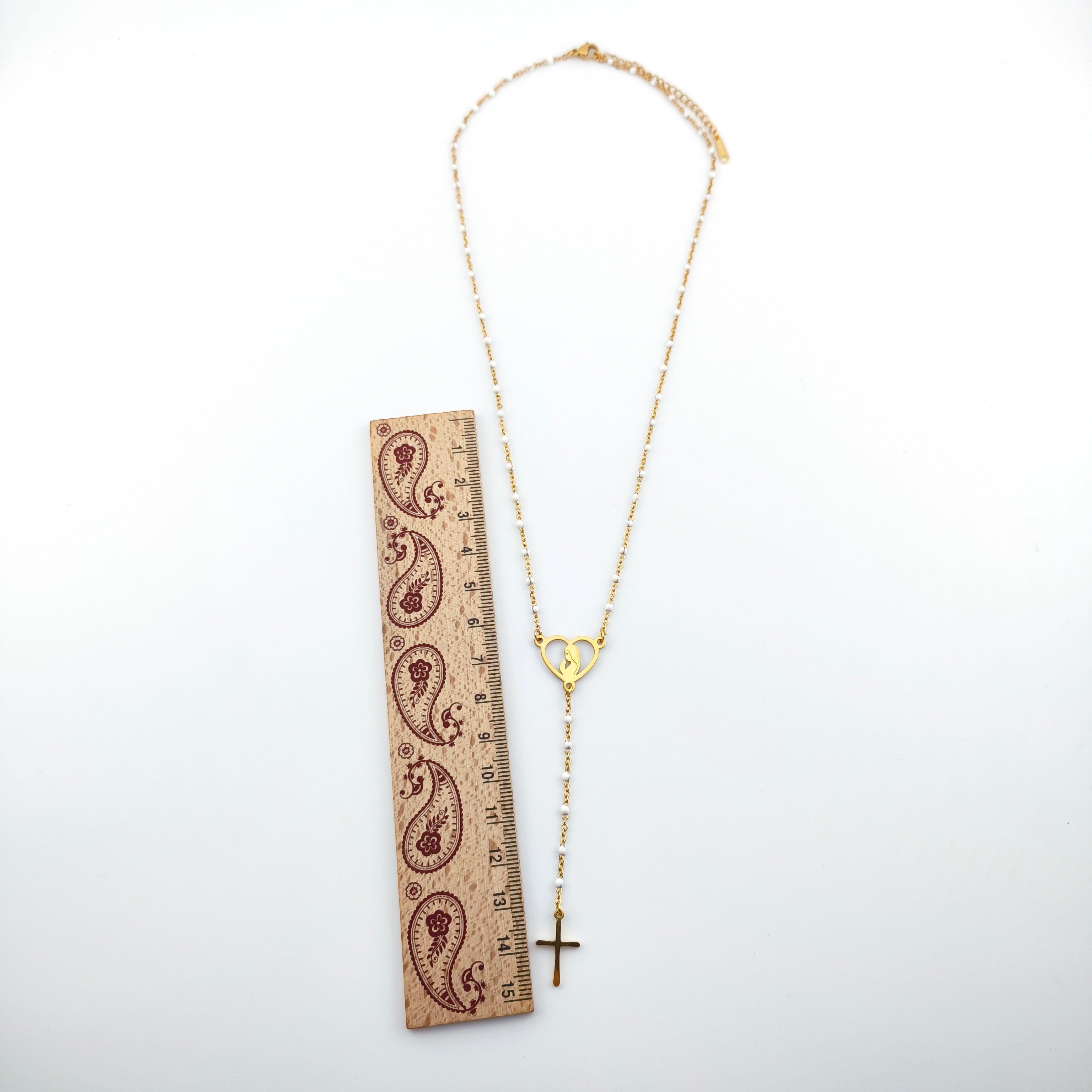 Colar Terço Coração N. Senhora e Cruz - Aço Inoxidável Dourado | Joia de Fé