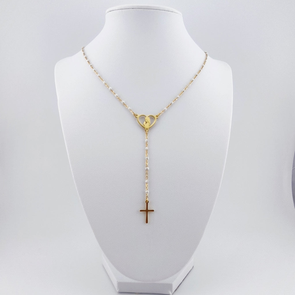 Colar Terço Coração N. Senhora e Cruz - Aço Inoxidável Dourado | Joia de Fé