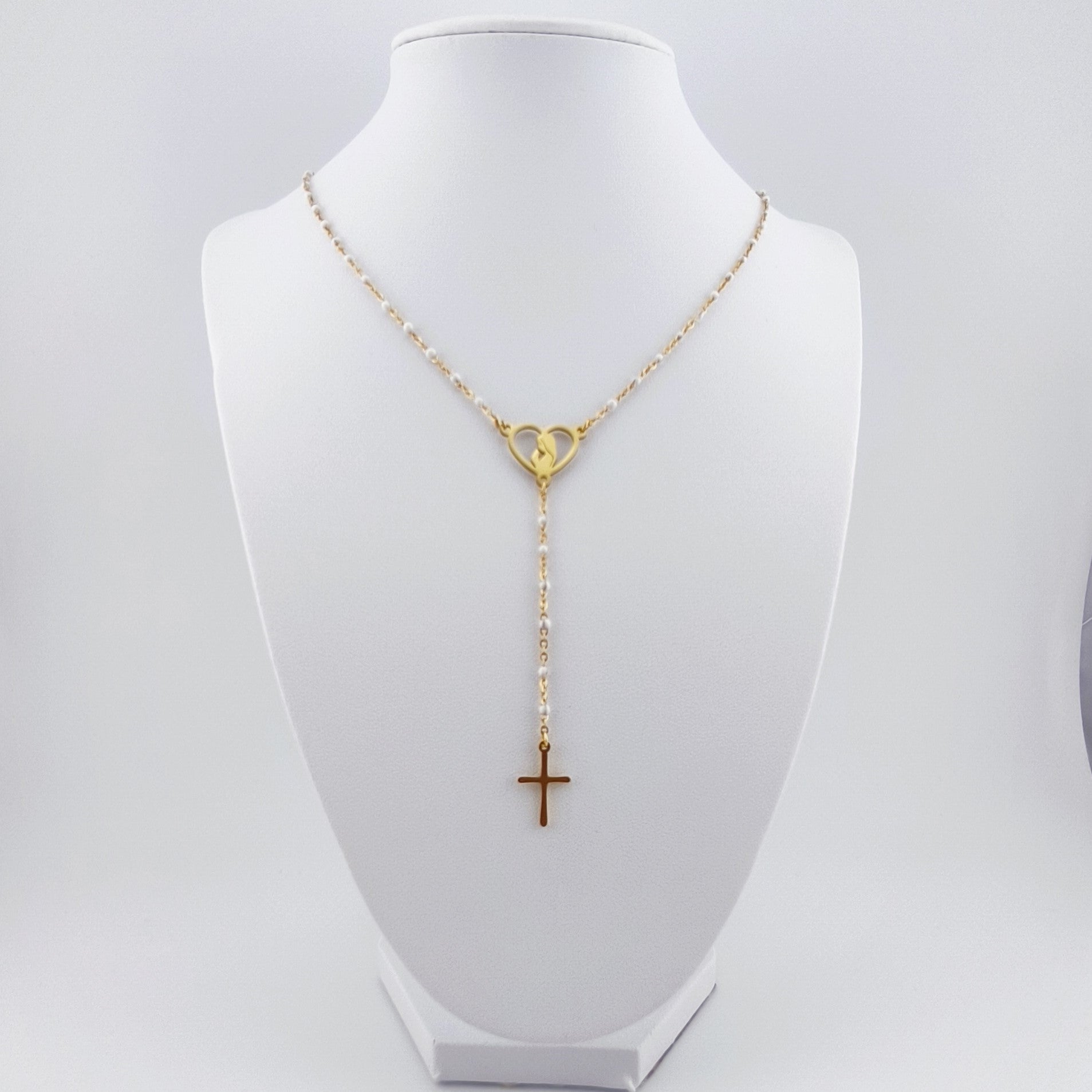 Colar Terço Coração N. Senhora e Cruz - Aço Inoxidável Dourado | Joia de Fé