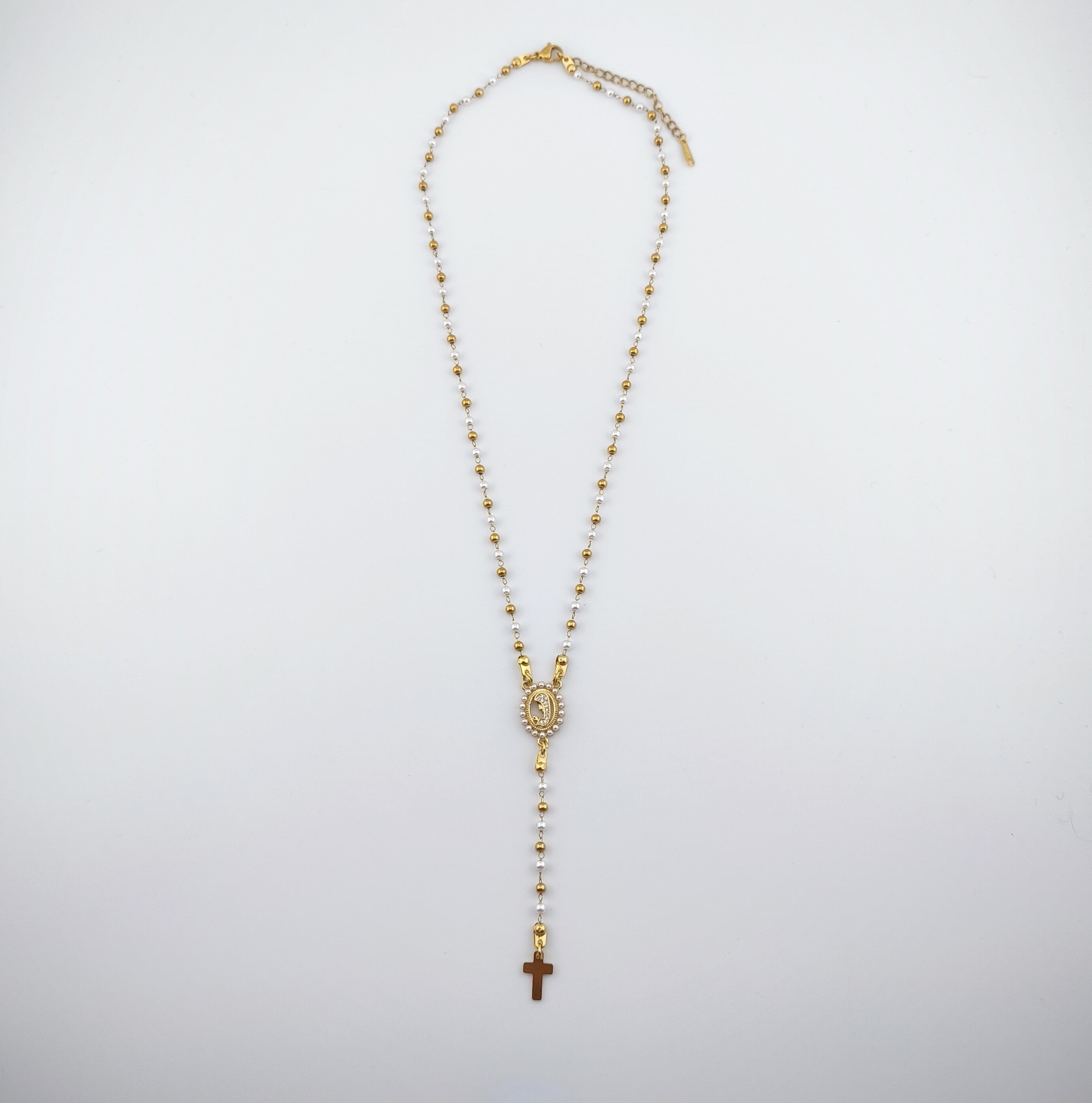 Colar Terço Nossa Senhora e Cruz - Aço Inoxidável, Pérolas e Contas | Joia de Fé